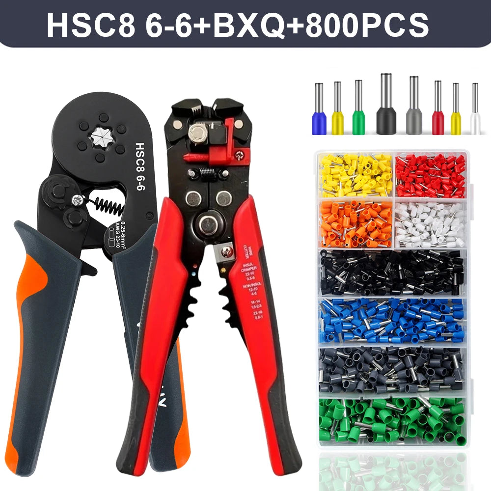 Self-Adjusting Wire Strippers and Crimper Tool,Hexagonal Self-Adjustable Ratchet Ferrule Crimping Tool Kit with Wire Terminals