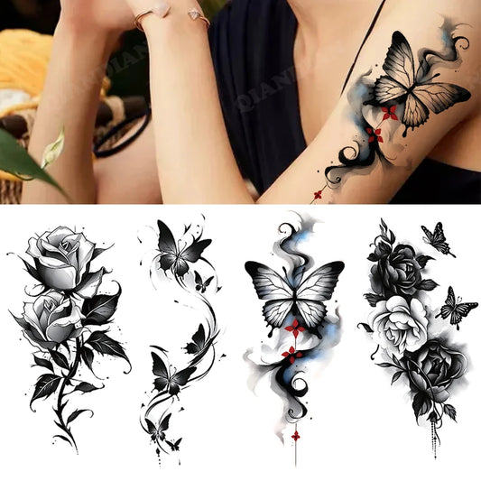 Black Flower Waterproof Temporary Tattoo Sticker, Beauty Butterfly Rose for Women, 3D Flash Body Arm Art Washable Fake Tattoos