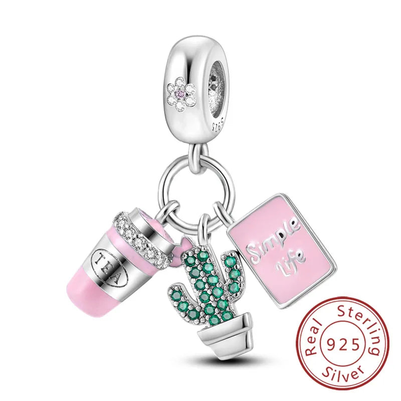 Dijes de plata de ley 925 originales, abalorios de cristal de vino, taza de café, dije colgante para pulseras de mujer, joyería DIY, regalo