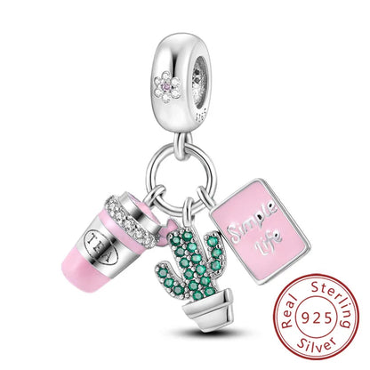 Dijes de plata de ley 925 originales, abalorios de cristal de vino, taza de café, dije colgante para pulseras de mujer, joyería DIY, regalo