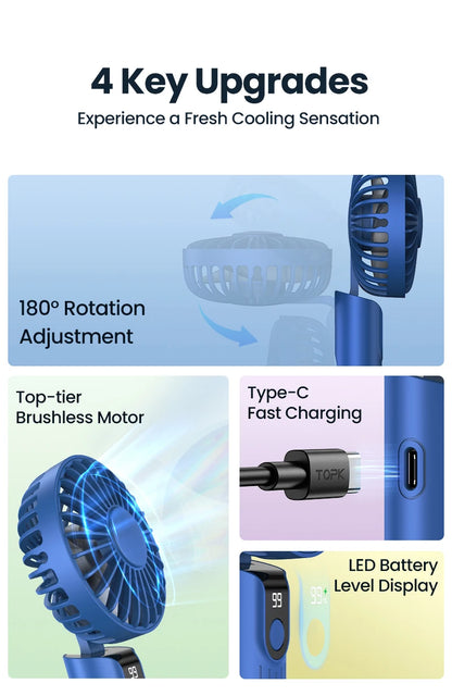 TOPK 5000mAh Mini Portable Fan USB Rechargeable Hand Held Fan,Small Pocket Fan 3 Speeds with Lanyard &Base, USB Desk Fan Foldable