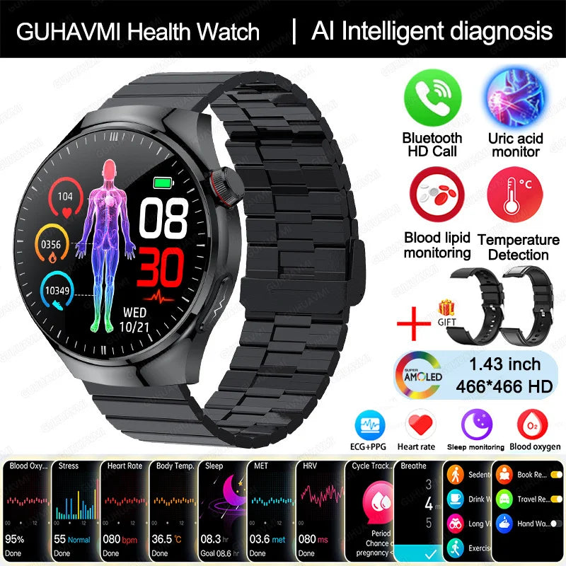 New Nursing Grade Smart Watch, Blood oxygen Blood Lipid Uric Acid ECG+PPG Body Temperature Bluetooth Call Health Smartwatch, Apple Health