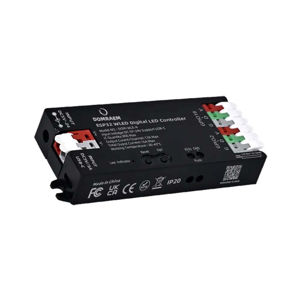 DOMRAEM ESP32 USB-C WLED Digital LED controller RGB IC DIY APP 16A fuse Works with HA/MQTT/Alex WS2811/12/12B/14/05 Sk6812 Strip
