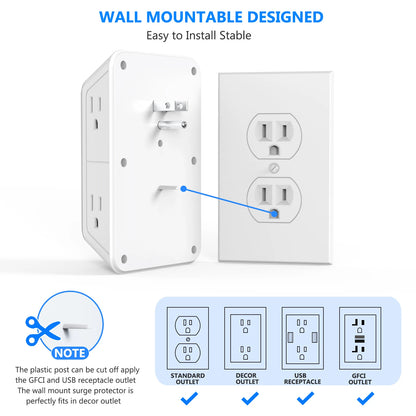 US Multi Socket, Wall Socket with 6 AC Outlets, 4 USB Port(2 Type C), Universal Plug, Power Strip, Network Filter, Fast Charging