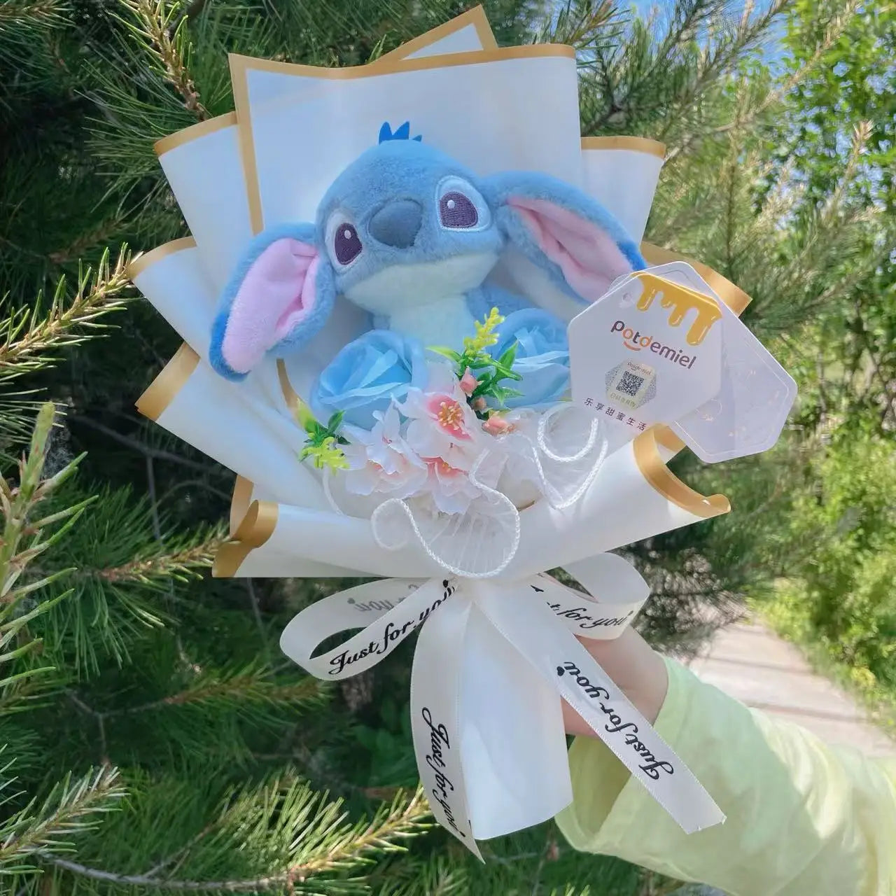 Auténticas muñecas de peluche Amine Stitch con girasoles, rosas, ramos creativos, regalos para Navidad, cumpleaños, graduación y San Valentín
