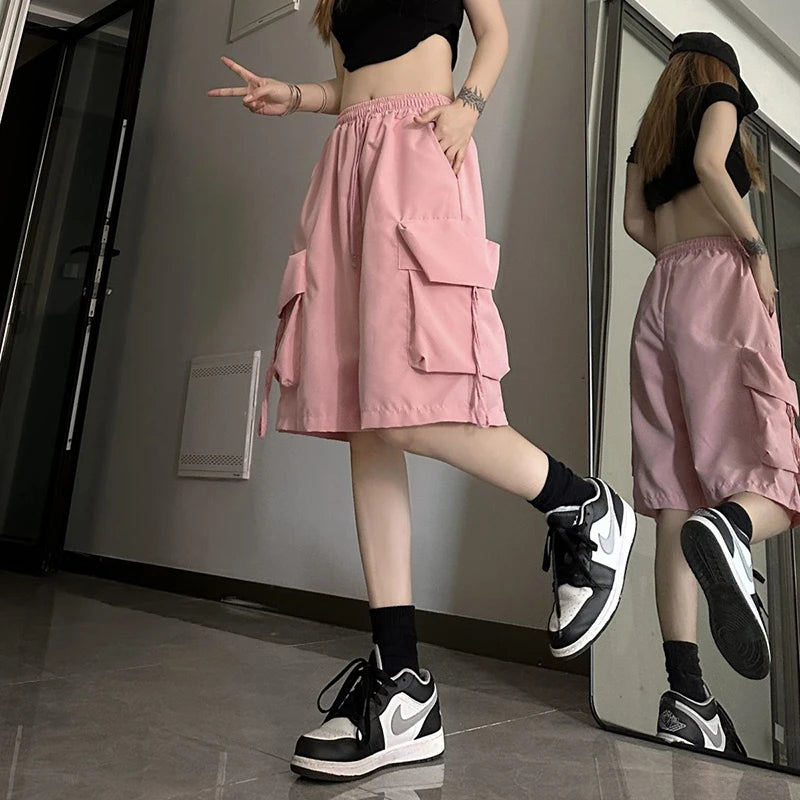 Women High Waist Cargo Shorts, American Style Streetwear, Summer Wide Leg Pants, Fashion Female Big Pocket Loose Shorts New, ZOKI