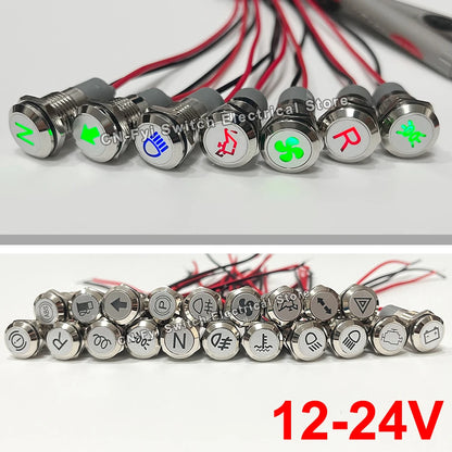 8/12/14MM Waterproof Symbol LED Indicator Light 12V 24V Silver Metal Indicator Turn Signal Pilot Light with Wire Car Dashboard
