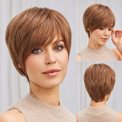 100% Remy Human Hair Wigs, Ombre Blonde Short Bob Pixie Cut Machine Made Wig with Bangs, Human Hair Natural Layered Wigs for Women