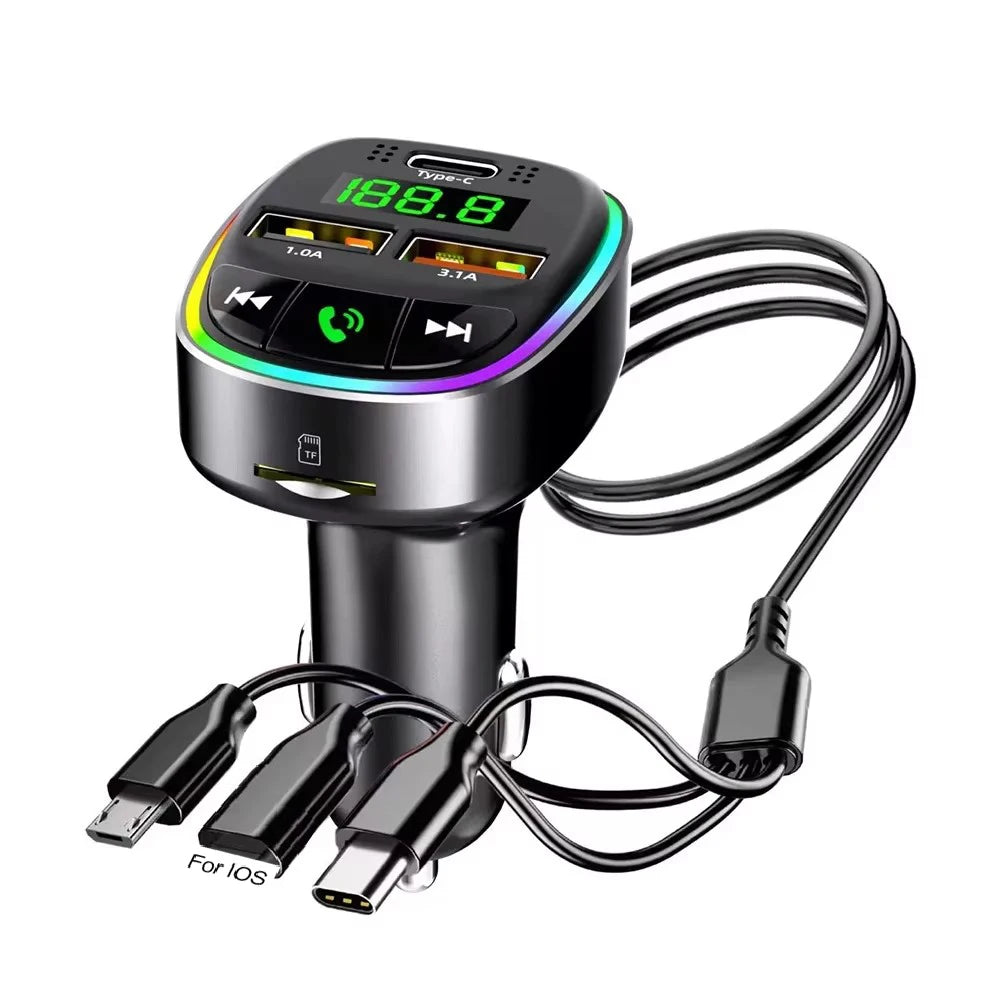 Car Bluetooth 5.0 FM Transmitter MP3 Modulator Player Handsfree Audio Receiver With 3 in 1 Charge Cable for IPhone Huawei Xiaomi