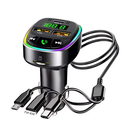 Bluetooth 5.0 FM Transmitter Car MP3 Modulator Player Handsfree Audio Receiver PD+USB Phone Charger With 3 in 1 Charge Cable