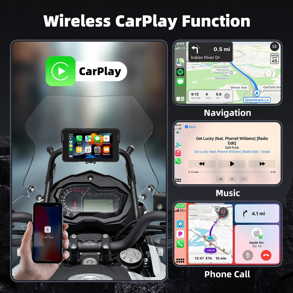 EKIY 5 inch GPS Navigation Motorcycle Wireless Carplay Android Auto IPX67 Waterproof Portable Screen BT Moto Motorbike Monitor