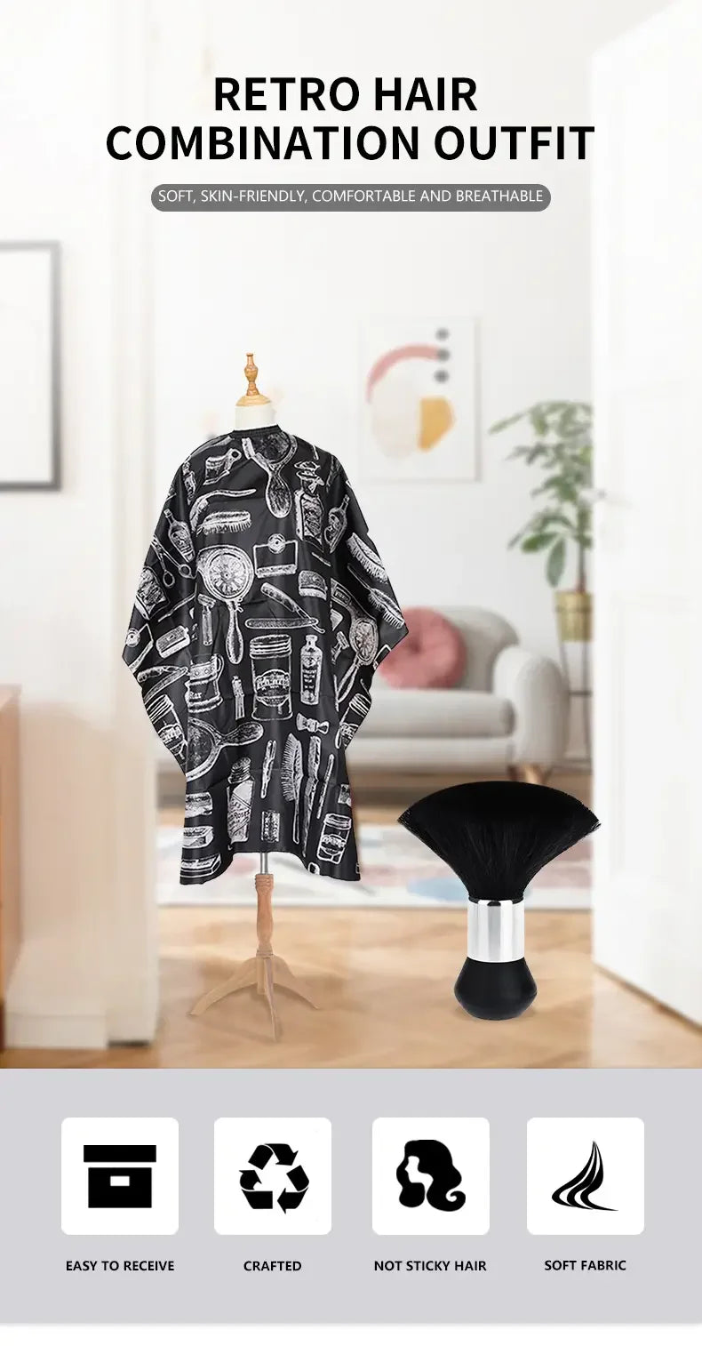 Professional Barber Salon Cape Set: Hair Cutting Cape + Neck Duster Brush - Stylist-Grade Hairdressing Apron for Barbers/Hairdressers