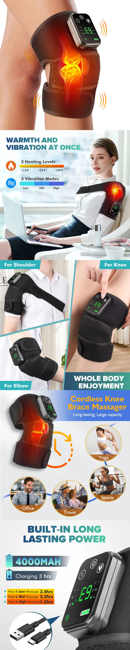 Electric Heated Vibration Knee Massage Pad, 3 in 1 Massager for Shoulder Elbow, Hot Compress Thermal Joint Brace Muscle Relaxation