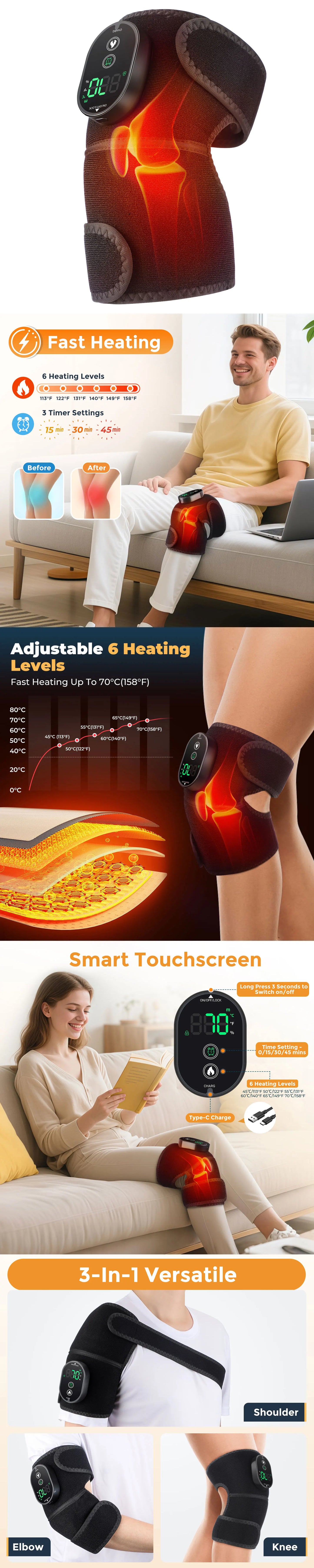 Electric Heated Vibration Knee Massage Pad, 3 in 1 Massager for Shoulder Elbow, Hot Compress Thermal Joint Brace Muscle Relaxation