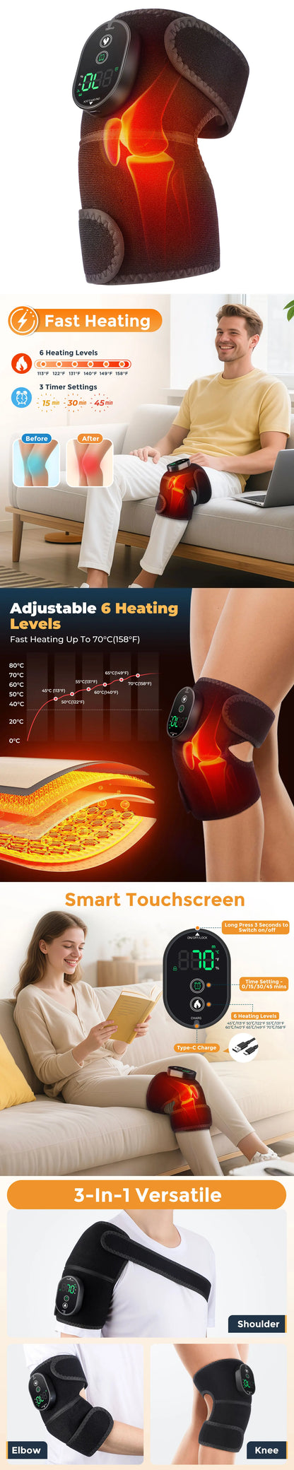 Electric Heated Vibration Knee Massage Pad, 3 in 1 Massager for Shoulder Elbow, Hot Compress Thermal Joint Brace Muscle Relaxation