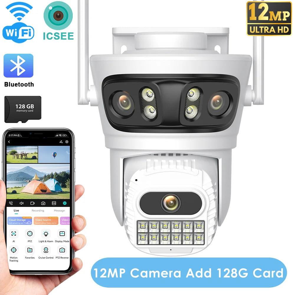 12MP Outdoor WiFi Camera, 6K HD Triple Lens, Triple Screens PTZ IP Security Camera, Human Auto Tracking, Waterproof CCTV Cam ICSEE