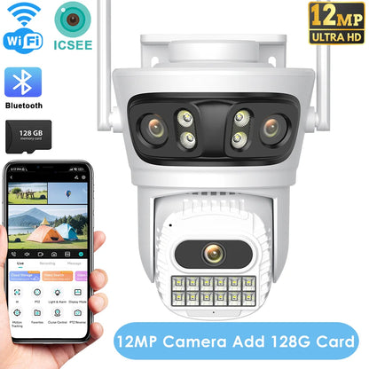 12MP Outdoor WiFi Camera, 6K HD Triple Lens, Triple Screens PTZ IP Security Camera, Human Auto Tracking, Waterproof CCTV Cam ICSEE