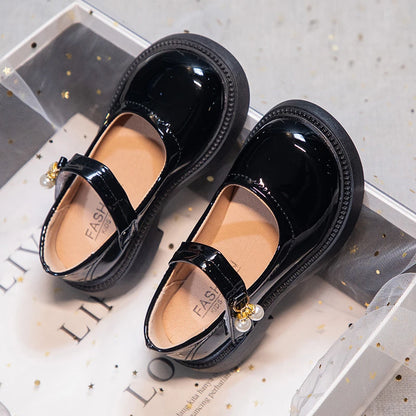 Girls' Chic Leather Princess Mary Janes with Pearl Pendant for Wedding Party, Back to School, Dress Flats (Sizes 26-36)