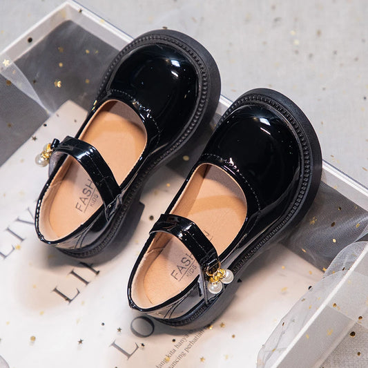Girls' Chic Leather Princess Mary Janes with Pearl Pendant for Wedding Party, Back to School, Dress Flats (Sizes 26-36)