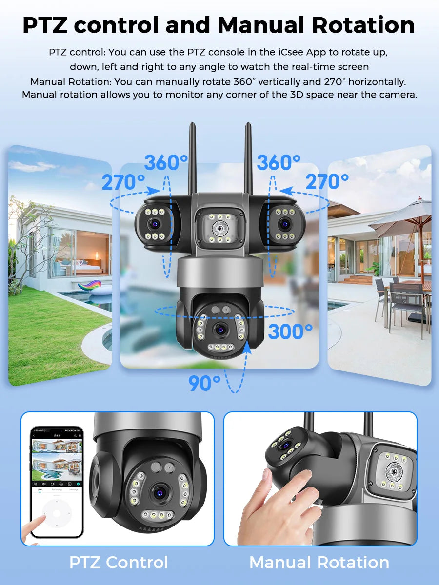 12MP Outdoor WiFi Camera, 6K HD Triple Lens, Triple Screens PTZ IP Security Camera, Human Auto Tracking, Waterproof CCTV Cam ICSEE