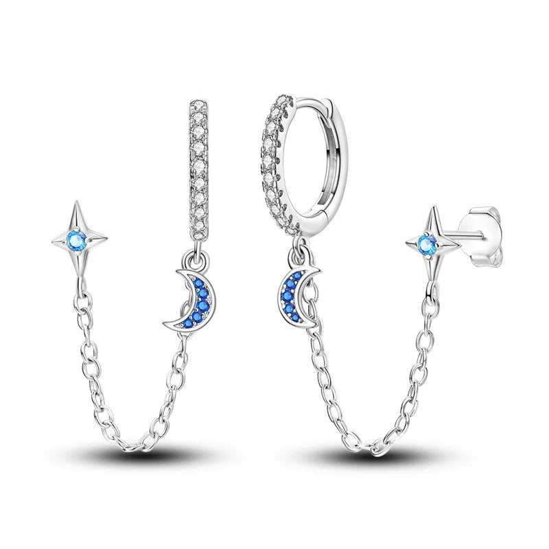 925 Sterling Silver Moon Universe Starry Sky Series Charm Earrings Women Blue Shiny Zircon Daily Wear Jewelry
