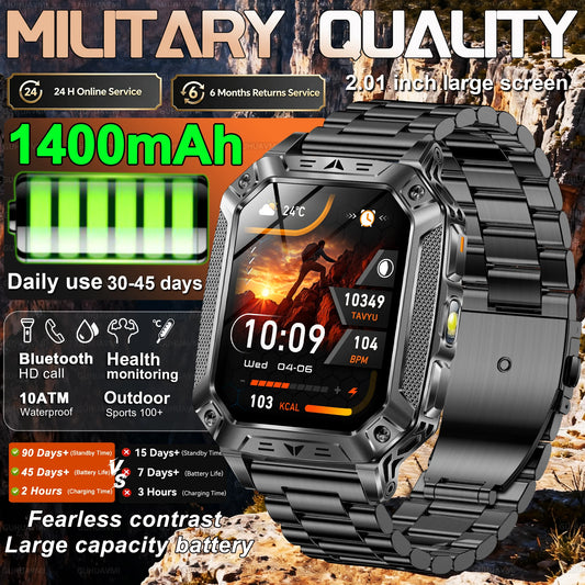 2026 New 1400mAh Large Battery Military Outdoor 2.01-inch Smartwatch for Men, 10ATM Waterproof, Bluetooth Call, Sports Smart Watch