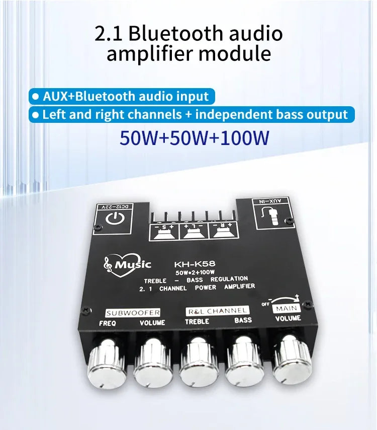 2.1 Channel Bluetooth 5.0 Subwoofer Amplifier Board 50W x 2 + 100W Power Audio Stereo Amplifier Board Bass AMP AUX