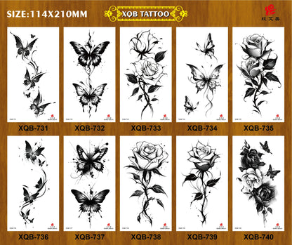 Black Flower Waterproof Temporary Tattoo Sticker, Beauty Butterfly Rose for Women, 3D Flash Body Arm Art Washable Fake Tattoos