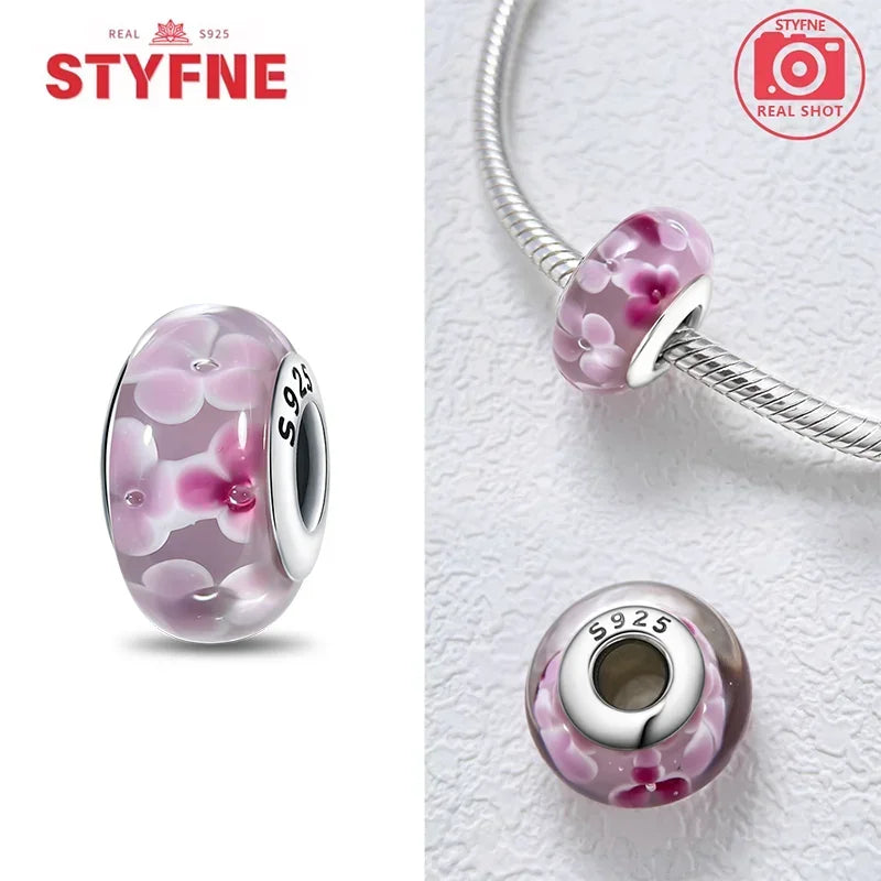 925 Sterling Silver Pink Color Series Beads Heart Flower Murano Glass DIY Jewelry Charms Fit Original Bracelet for Women Fine Gifts
