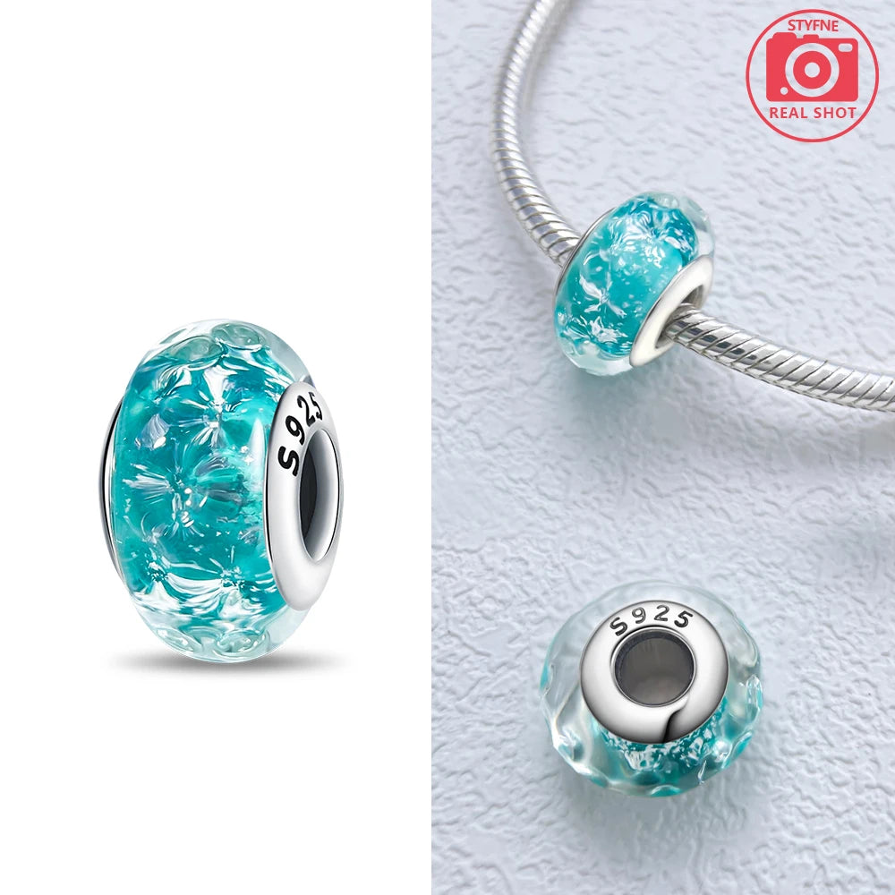 Charms 925 Silver Blue Original Stars Heart Zircon Chameleon Panda Glass Beads Fit Bracelet Jewelry Women Diy Accessories