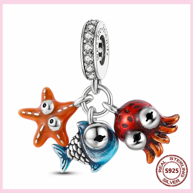 PAMELA 925 Sterling Silver Sea Turtle Starfish Blue Charm Dolphin Octopus Shell Bead For Original Charms Bracelets Ocean Jewelry