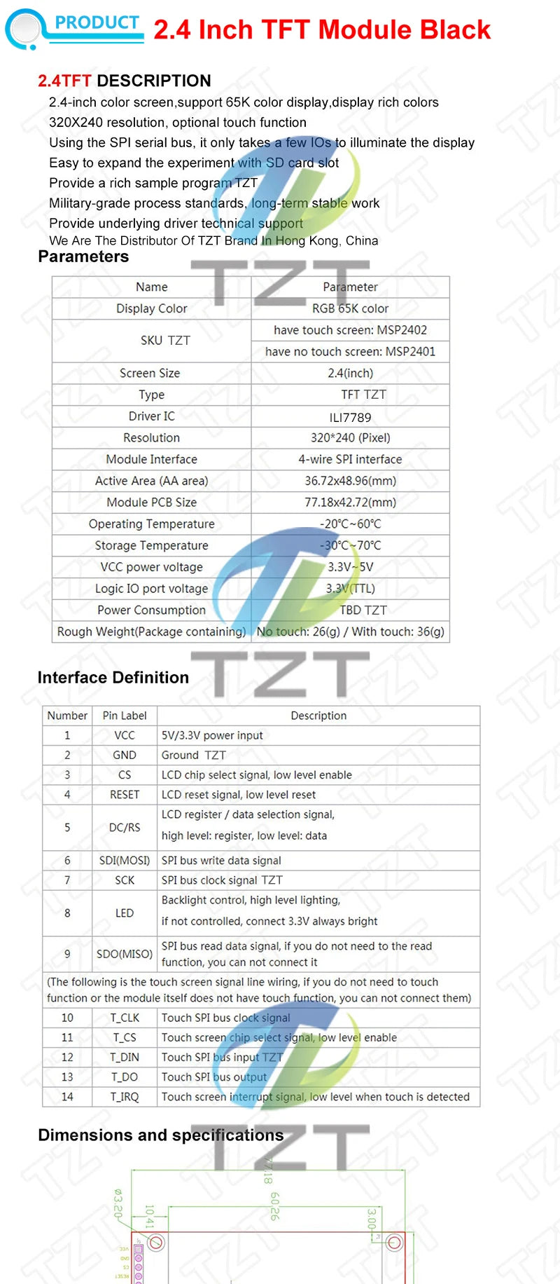 TZT 1.77/2.0/2.4/2.8 Inch TFT Color Screen LCD Display Module Drive ST7735 ST7789 Interface SPI 128*128 240*320