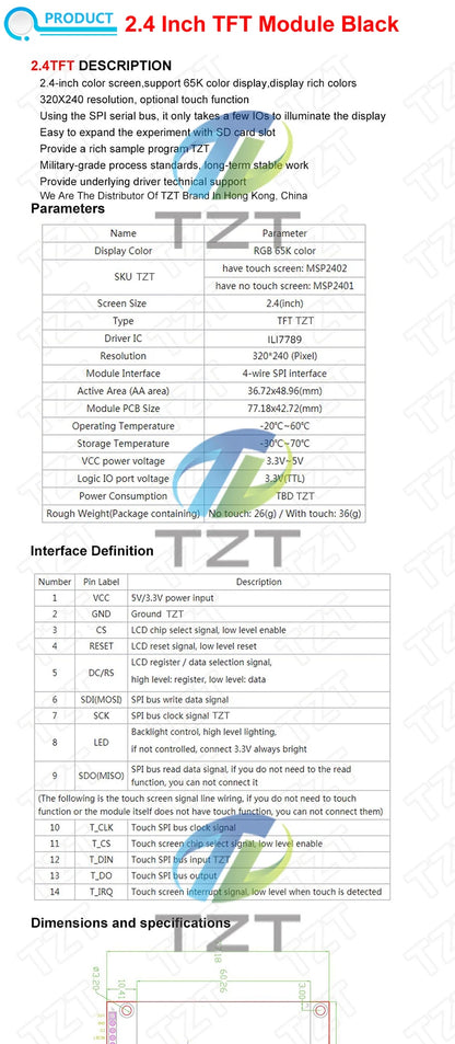TZT 1.77/2.0/2.4/2.8 Inch TFT Color Screen LCD Display Module Drive ST7735 ST7789 Interface SPI 128*128 240*320
