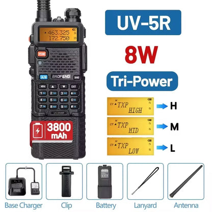 Walkie Talkie, UV 5R 5W 8W Dual Band Ham Two Way Radio, Vhf Uhf FM Radio, Handheld Transceiver, Hunting 16KM, BAOFENG