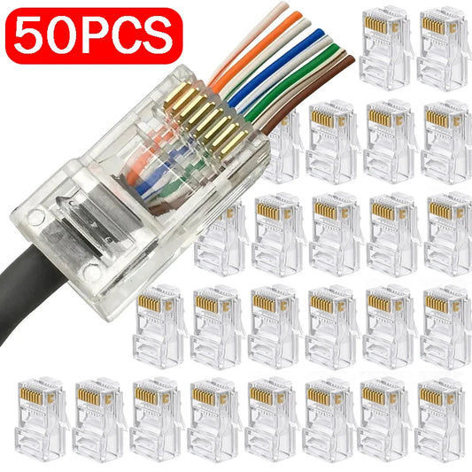 1-50Pcs, RJ45 CAT6 CAT5e Pass Through Connectors, Crystal End Gold-Plated 8P8C Crimp UTP Standard Ethernet Network Modular Plug