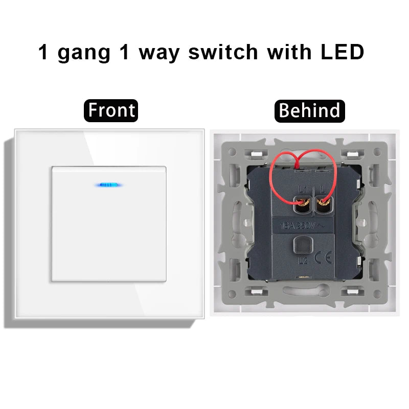 novski Crystal Tempered Glass Panel 1 Gang 1way, 1 Gang 2way, 2 Gang 1way, 2 Gang 2way, Wall Switch with LED Indicator 16A 250V