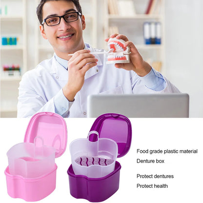 Denture Bath Box, Organizer, Dental False Teeth Storage Box with Hanging Net Container Cleaning Teeth Cases, Artificial Tooth Boxes
