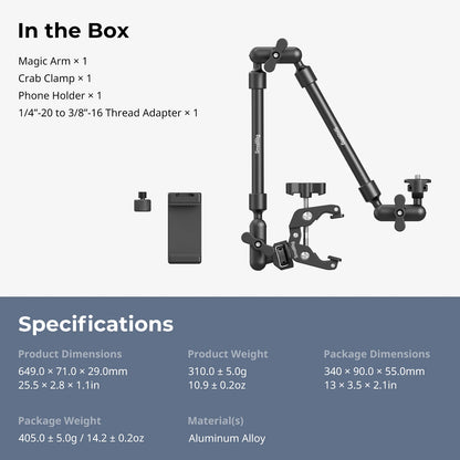 SmallRig Desktop Shooting Magic Arm with Crab Clamp Kit, Adjustable Magic Arm for Smartphones, Webcams and Action Cameras 4766