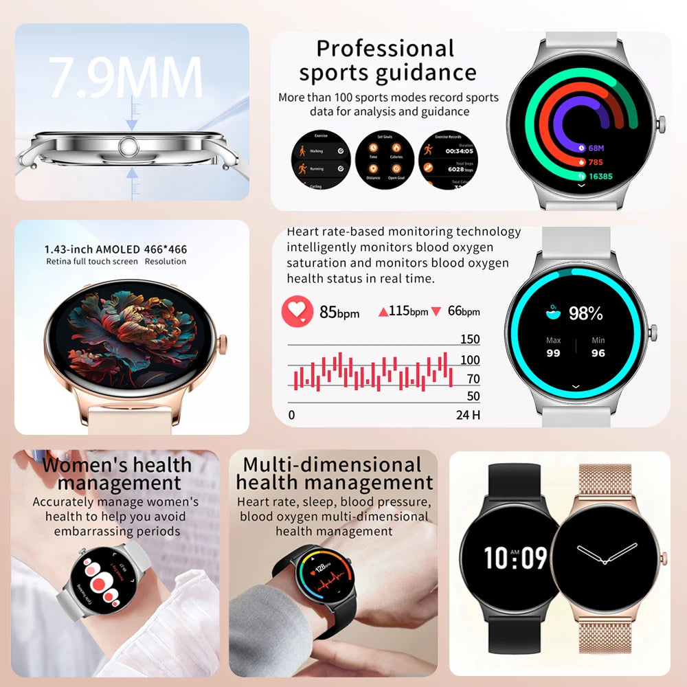 Ultra-Thin Fashion Women's Smart Watch 1.43 inch AMOLED HD Screen Sports Bracelet Clock Always Show Time Bluetooth Call Smartwatch