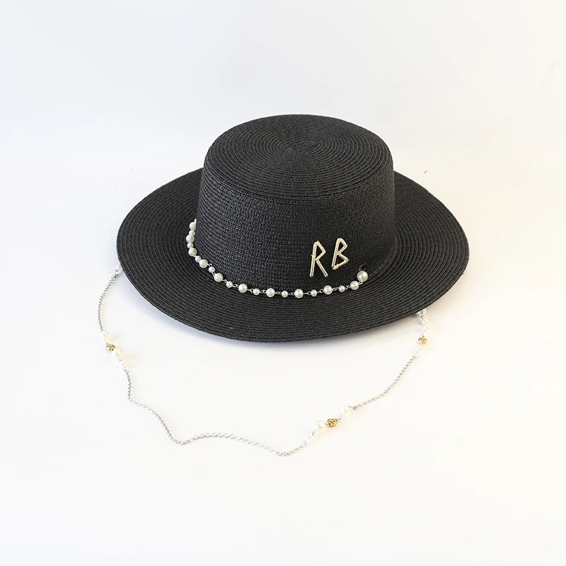 New Women Summer Hats, Straw Sun Hat, Panama Elegant Straw Fedoras Lady Girl Outdoor Vacation with Pearl Chain Sunshade Beach Hat