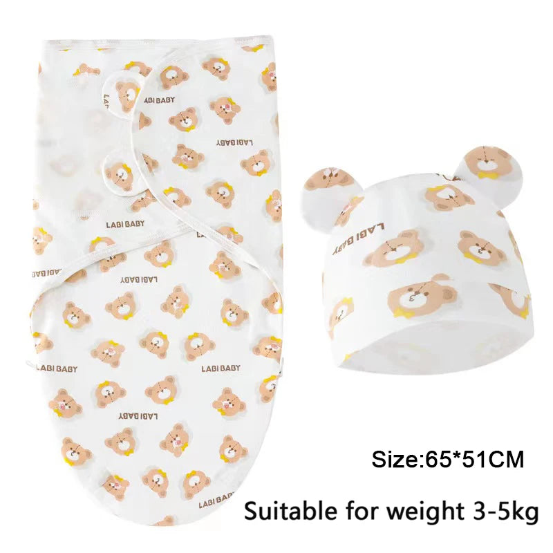 Baby Blanket Hat Set, Cartoon Printed Cotton Newborn Swaddle, Adjustable Infant Sleeping Swaddle Wraps, All Seasons, 0-6 Months