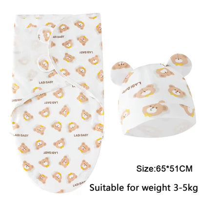 Baby Blanket Hat Set, Cartoon Printed Cotton Newborn Swaddle, Adjustable Infant Sleeping Swaddle Wraps, All Seasons, 0-6 Months