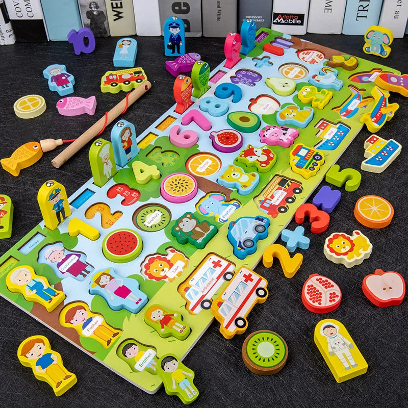 Juguetes Montessori de madera para niños, tablero ocupado, animales, matemáticas, pesca, números a juego, forma digital, juguetes educativos para niños, regalos