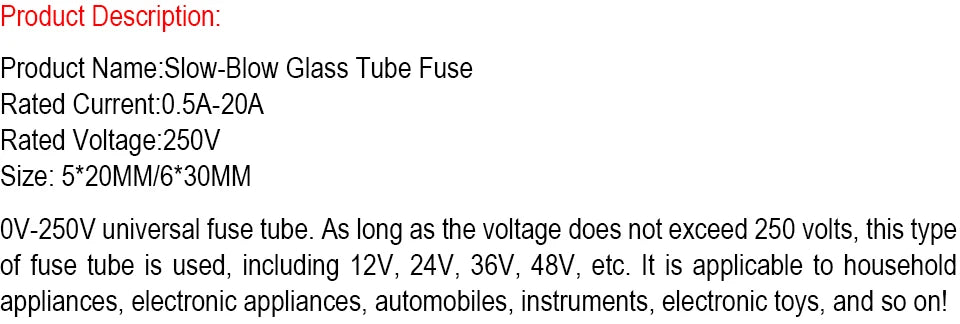 10PCS, 5*20/6*30MM Slow-Blow Glass Tube Fuse, T0.5A 1A 1.25A 1.5A 1.6A 2A 2.5A 3.15A 4A 5A 6.3A 7A 8A 10A 15A 20A Time-Delay Fuses
