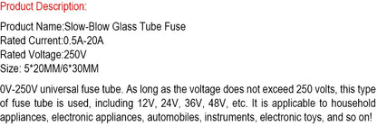10PCS, 5*20/6*30MM Slow-Blow Glass Tube Fuse, T0.5A 1A 1.25A 1.5A 1.6A 2A 2.5A 3.15A 4A 5A 6.3A 7A 8A 10A 15A 20A Time-Delay Fuses