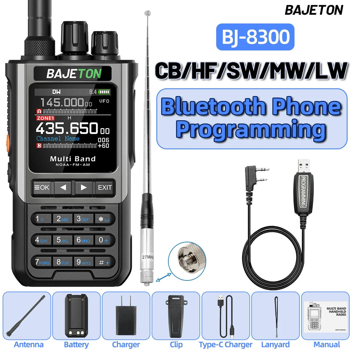 BAJETON BJ-8300 Walkie Talkie 10W Tri Power SW MW LW AM SSB CB Receive Wireless Bluetooth Phone Programming NOAA Two Way Radio