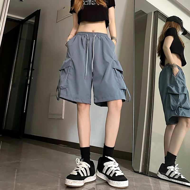 Women High Waist Cargo Shorts, American Style Streetwear, Summer Wide Leg Pants, Fashion Female Big Pocket Loose Shorts New, ZOKI