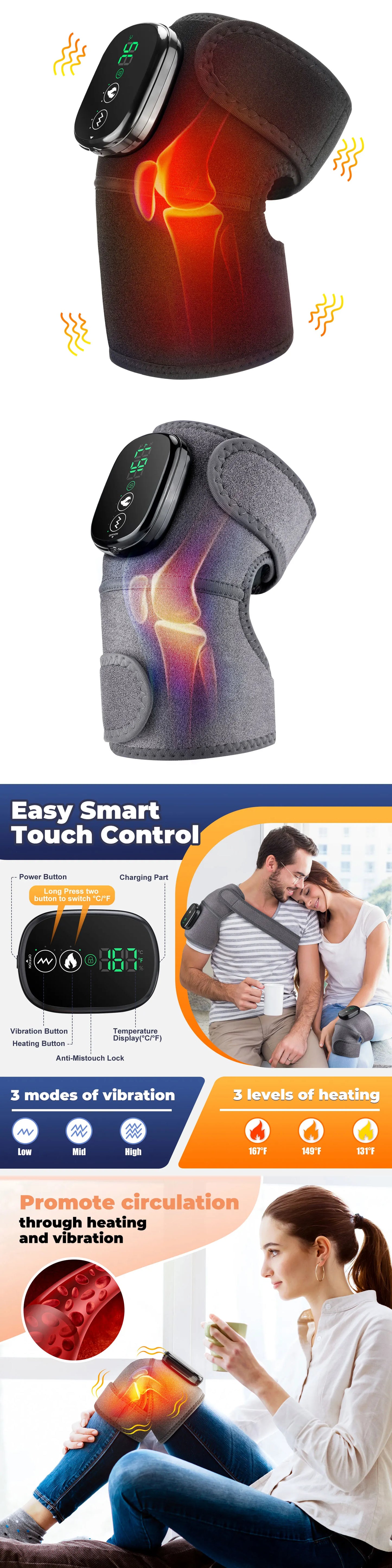 Electric Heated Vibration Knee Massage Pad, 3 in 1 Massager for Shoulder Elbow, Hot Compress Thermal Joint Brace Muscle Relaxation