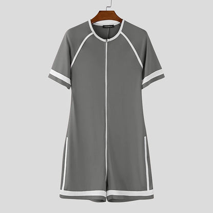 INCERUN Men Bodysuits Patchwork Zipper O-neck Short Sleeve Cozy Male Rompers Playsuits Workout 2025 Fashion Casual Bodysuit Men