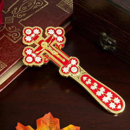 Orthodox Blessing Handheld Church Cross Gold Plated Colorful Enamel Jesus icon, Cross INRI Crucifix Single Face Jesus, HTISOK
